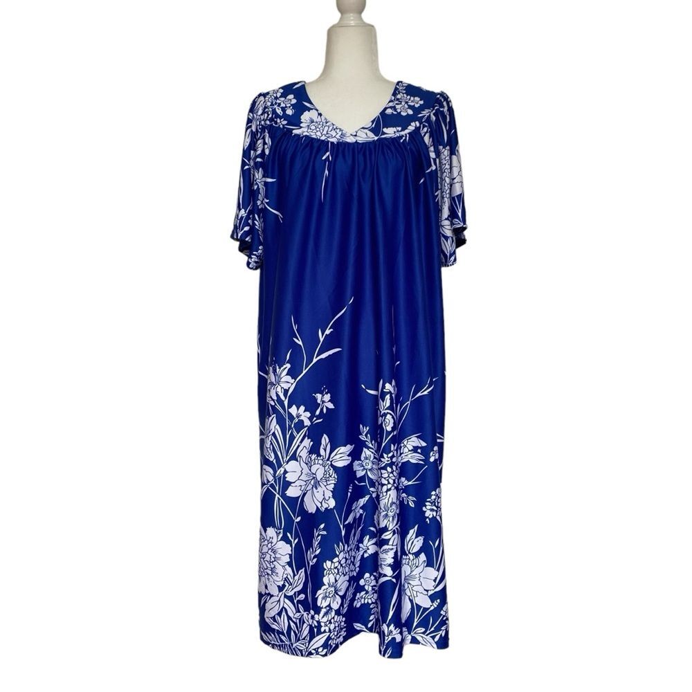 Vintage Metropolitan Muumuu House Dress Tropical Blue White Sz L
